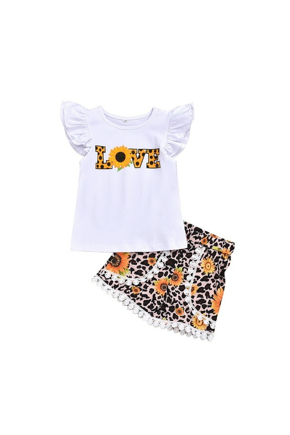 Big Girl Outfits Girls Clothes Ruffled Sleeve Letter Tops Sunflower Leopard Print Shorts Sets Pants Sets Two Piece for Kids Size 5-6T