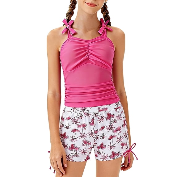 Big Girl Period Swimsuits Two Piece Tankini Swimsuit Ruched Tie Straps Swim Shorts Bathing Suits Quick Dry Cut Out Swimwear Size 11-12T