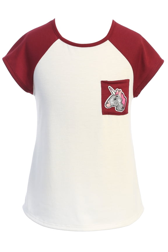 Big Girl Short Sleeve Glitter Unicorn Pocket T-Shirt Top Girls Clothing Set Burgundy 8 (21JK59TS)