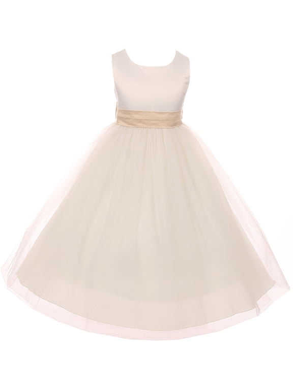 Big Girl Sleeveless Customizable Sash Big Bow Wedding Flower Girl Dress USA Champagne 14 KD 411 IV BNY Corner