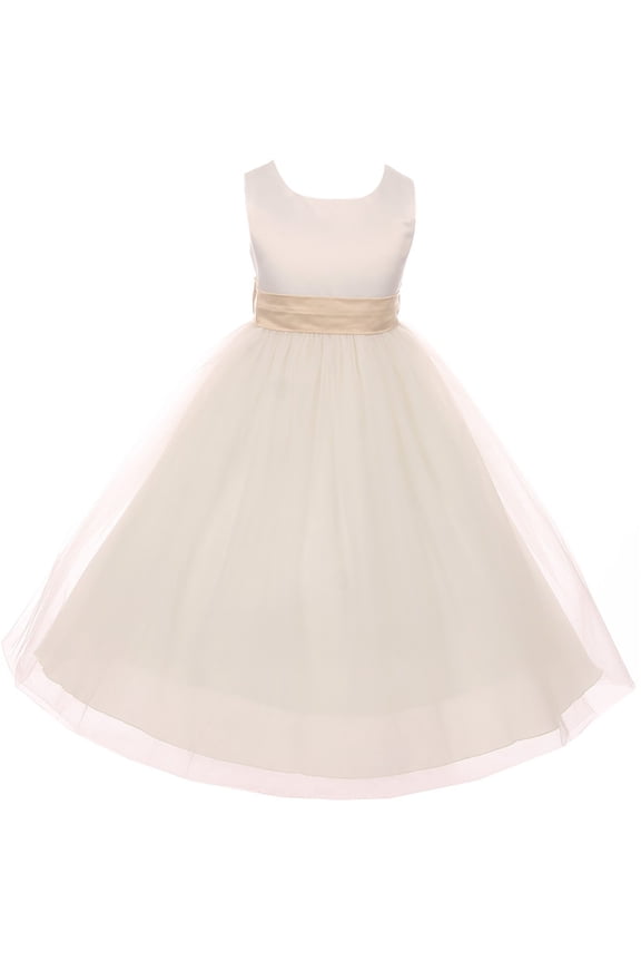 Big Girl Sleeveless Customizable Sash Big Bow Wedding Flower Girl Dress USA Champagne 14 KD 411 IV BNY Corner
