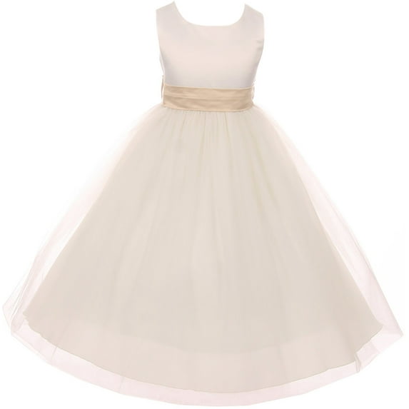 Big Girl Sleeveless Customizable Sash Big Bow Wedding Flower Girl Dress USA Champagne 8 KD 411 IV BNY Corner