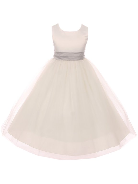 Big Girl Sleeveless Customizable Sash Big Bow Wedding Flower Girl Dress USA Silver 8 KD 411 IV BNY Corner