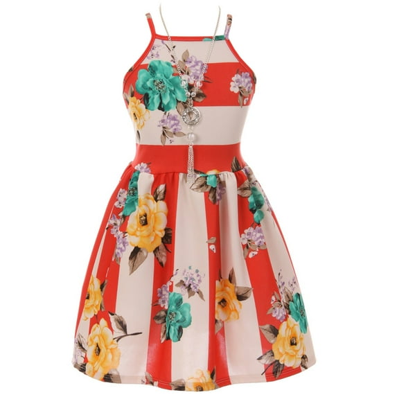 Big Girl Sleeveless Floral Stripe Graduation Wedding Flower Girl Dress USA Coral 14 JKS 2136 BNY Corner