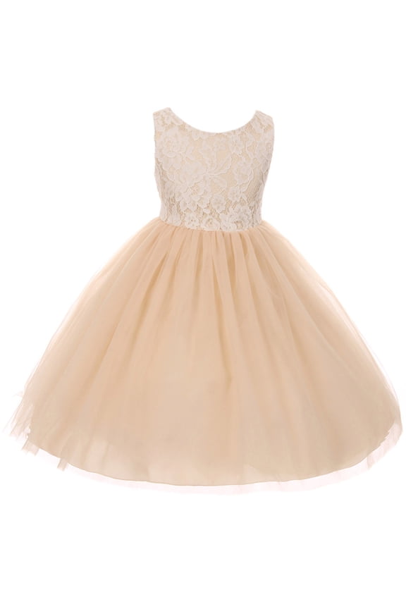 Big Girl Sleeveless Lace Bodice Illusion Tulle Easter Flower Girl Dress USA Champagne 12 KD 414 BNY Corner