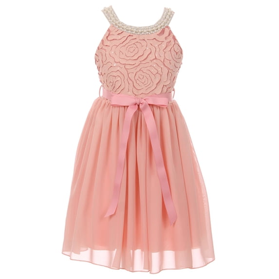 Big Girl Sleeveless Pearl Sequin Chiffon Graduation Wedding Flower Girl Dress USA Blush 12 JKS 2121 BNY Corner