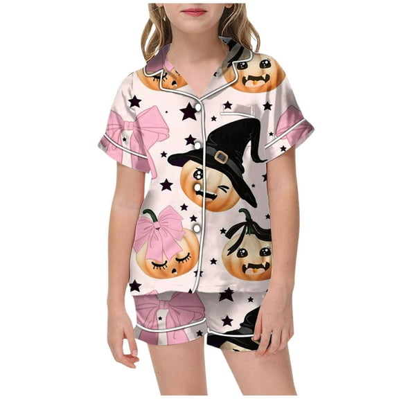 Big Girl's Halloween Pajama Set Graphic Sleepwear Suit Short Sleeve Shirt Shorts Pj's