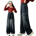 thumbnail image 1 of Big Girl's Jeans High Waist Wide Straight Leg Cargo Denim Pants Kids Outdoor Streetwear Loose Jeans, 1 of 8