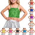 thumbnail image 1 of Big Girl's Sleeveless Crew Neck Tops Carnival Adjustable Elastic Band Sequined Top Exposes The Navel Top Tees Size 9-11T ,Green, 1 of 4