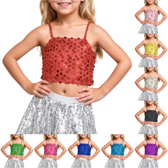 Big Girl's Sleeveless Crew Neck Tops Carnival Adjustable Elastic Band Sequined Top Exposes The Navel Top Tees Size 9-11T ,Red