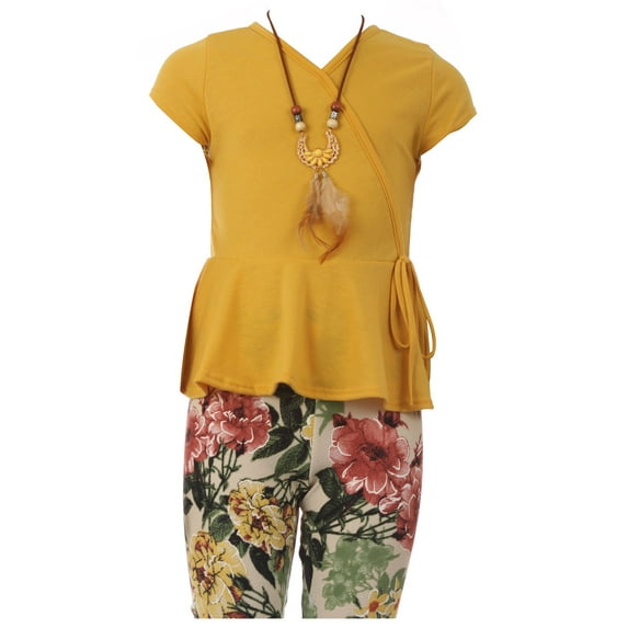 Big Girls 2 Pieces Girl Pant Set Floral Top Jeans Pants Party Casual Outfit Kids Clothing Mustard 14 (J21KS40)