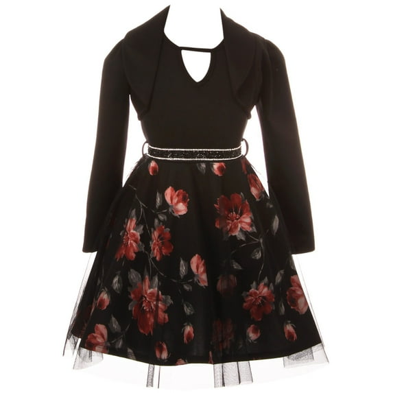 Big Girls 2 Pieces Set Floral Bolero Jacket Holiday Party Flower Girl Dress Black 10 (2J1K47S)