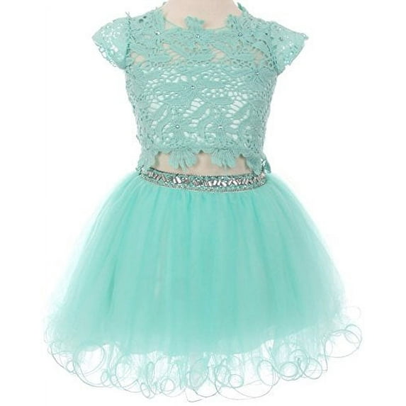 Big Girls 2 Pieces Set Lace Top Tulle Wired Skirt Rhinestone Waist Flowers Girls Dresses Aqua 8 (C50C23C)