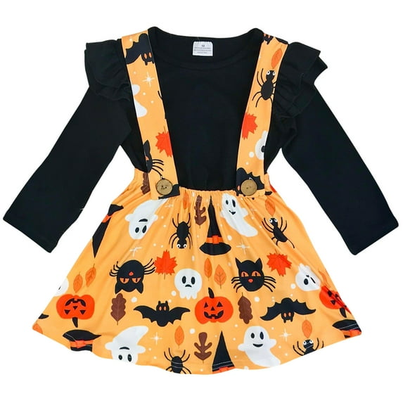 Big Girls' 2 Pieces Skirt Set Ruffle T-shirt Top Ghost Suspender Skirt Set Black Orange 6 XL (P201721P)