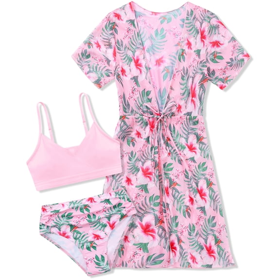 Big Girls 3 Piece Swimsuit Set Floral Print Bikini Bathing Suit with Sheer Mesh Cover Up for Girls 9-16 Years