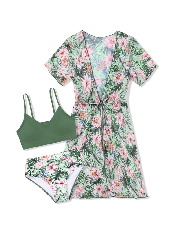 Big Girls 3 Piece Swimsuit Set Floral Print Bikini Bathing Suit with Sheer Mesh Cover Up for Girls 9-16 Years