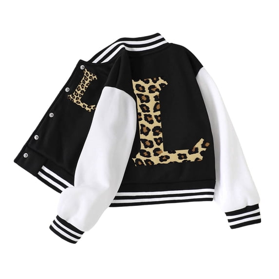 Big Girls Baseball Jacket With Leopard Print Lettering School Outerwear Spring Seasons Clothes