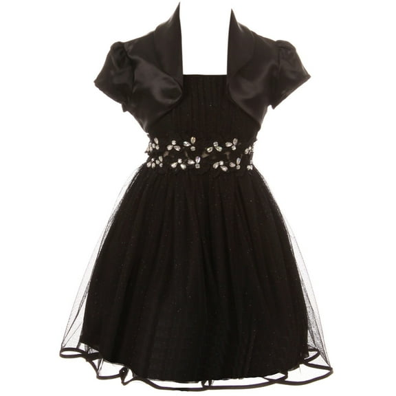 Big Girls Beautiful 2 Pieces Bolero Dress Rhinestones Shiny Holiday Flower Girl Dress Black 8 (2J1K4S4)