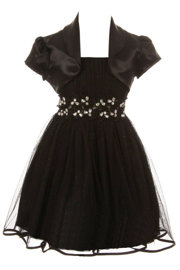 Big Girls Beautiful 2 Pieces Bolero Dress Rhinestones Shiny Holiday Flower Girl Dress Black 8 (2J1K4S4)