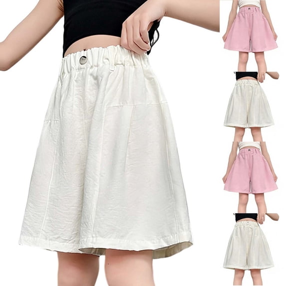 Big Girls Bermuda Shorts - Girl Fashion Button Elastic High Waisted Wide Leg Knee Length Shorts with Pockets 9-10 Years