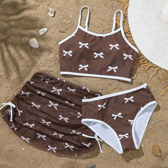 Big Girls Bikini Set Bathing Suit Graphic Sleeveless Swimsuit Bowknot Print 3 Piece Set With Briefs Sarong Cover Ups Skirts For Beach Pool