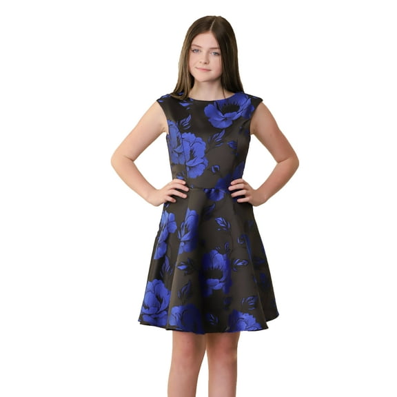 Big Girls Boat Neck Cap Sleeve Jacquard Dress in Longer Length