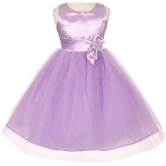 Big Girls' Bridal Satin Tulle Brooch Rhinestone Flowers Girls Dresses Lilac 16