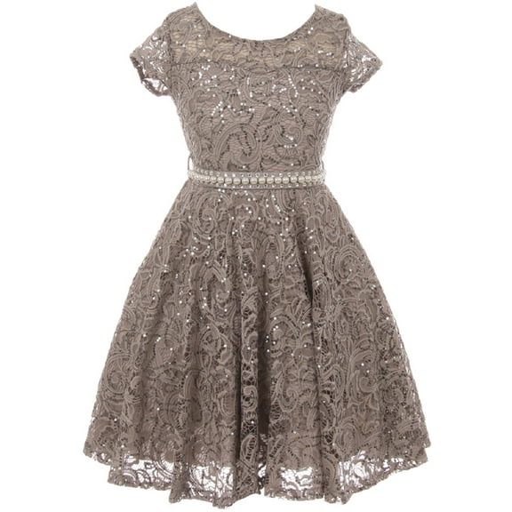 Big Girls Cap Sleeve Floral Lace Rhinestones Belt Asymmetrical Birthday Flower Girl Dress Grey 10 (2J1K0S2)