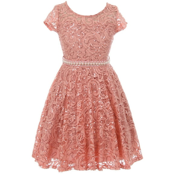 Big Girls Cap Sleeve Floral Lace Rhinestones Belt Asymmetrical Birthday Flower Girl Dress Rose 12 (2J1K0S2)