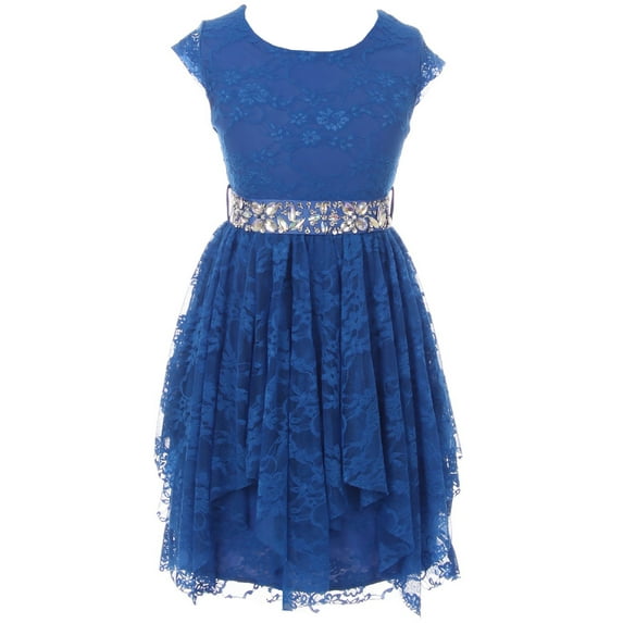 Big Girls Cap Sleeve Floral Lace Rhinestones Belt Asymmetrical Princess Flower Girl Dress Royal 10 (2J0K9S5)