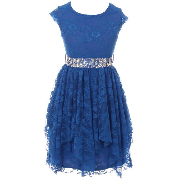 Big Girls Cap Sleeve Floral Lace Rhinestones Belt Asymmetrical Princess Flower Girl Dress Royal 8 (2J0K9S5)