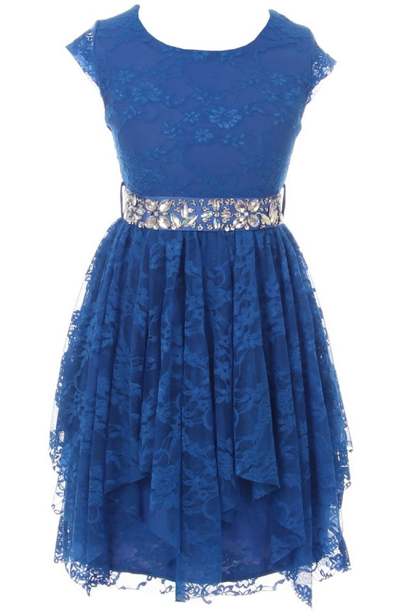 Big Girls Cap Sleeve Floral Lace Rhinestones Belt Asymmetrical Princess Flower Girl Dress Royal 8 (2J0K9S5)