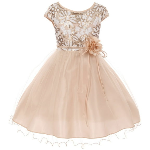 Big Girls' Cap Sleeve Flower Shaped Sequin Top Tulle Special Occasion Flower Girl Dress Champagne 14 (J21KS16)