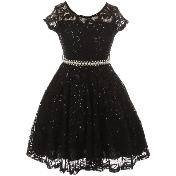 Big Girls Cap Sleeve Glitter Lace Pearl Holiday Junior Bridesmaid Flower Girl Dress USA Black 8 (2J1K0S2)