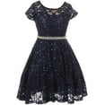 thumbnail image 1 of Big Girls Cap Sleeve Glitter Lace Pearl Holiday Junior Bridesmaid Flower Girl Dress USA Navy 10 (2J1K0S2), 1 of 3