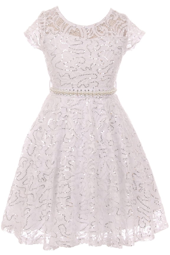 Big Girls Cap Sleeve Glitter Lace Pearl Holiday Junior Bridesmaid Flower Girl Dress USA White 14 (2J1K0S2)