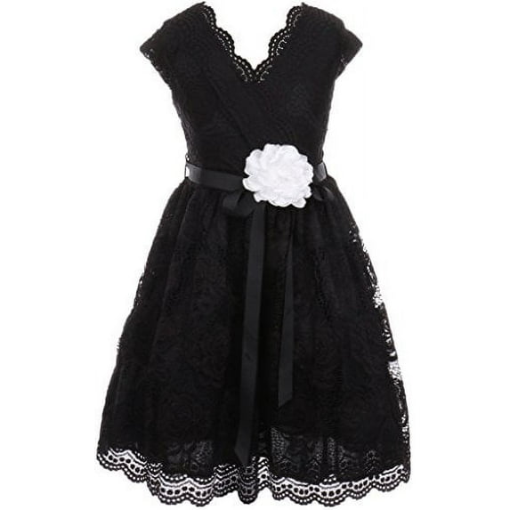 Big Girls' Cap Sleeve Lace Floral Overlay Sash Flowers Flower Girl Dress Black 12 (J20KS66)