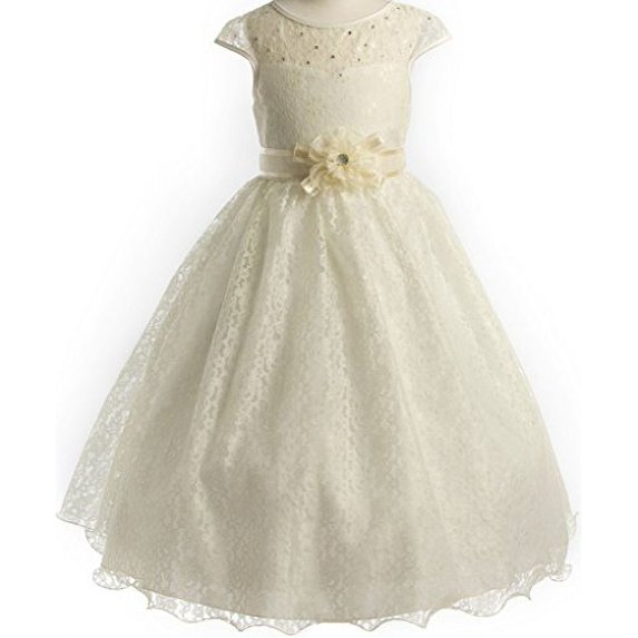 Big Girls' Cap Sleeve Lacey Long Communion Flowers Girls Dresses Ivory 10