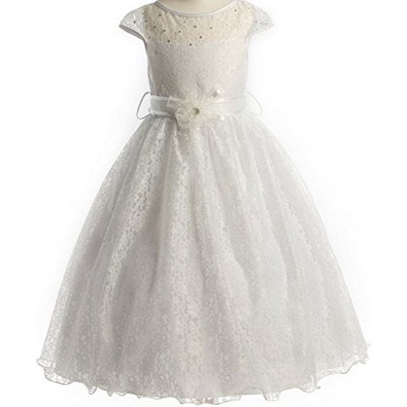Big Girls' Cap Sleeve Lacey Long Communion Flowers Girls Dresses White 10