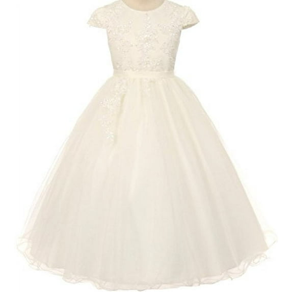 Big Girls' Cap Sleeve Pearl Sequin Communion Flowers Girls Dresses Ivory 8