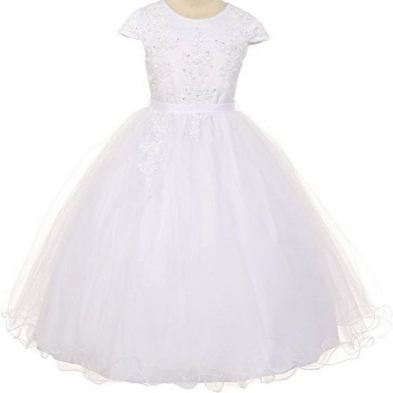 Big Girls' Cap Sleeve Pearl Sequin Communion Flowers Girls Dresses White 12