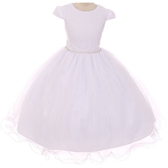 Big Girls' Cap Sleeve Rhinestones Trim Full Lace First Communion Flowers Girls Dresses White 16 (T5R4K3)