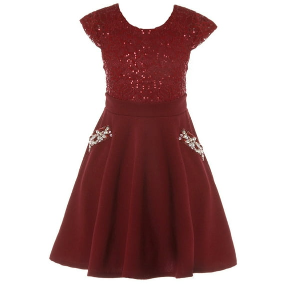 Big Girls' Cap Sleeve Sequin Lace Christmas Easter Wedding Flower Girl Dress Burgundy 10 (J21KS97)