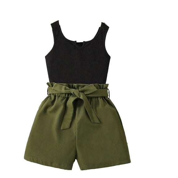Big Girls Casual Outfit Sets Fashion Casual Sleeveless Solid Color Top Bow Belt Shorts Suit Summer Girls' Clothing Sets Cute Shorts Set Green 10-11 Years