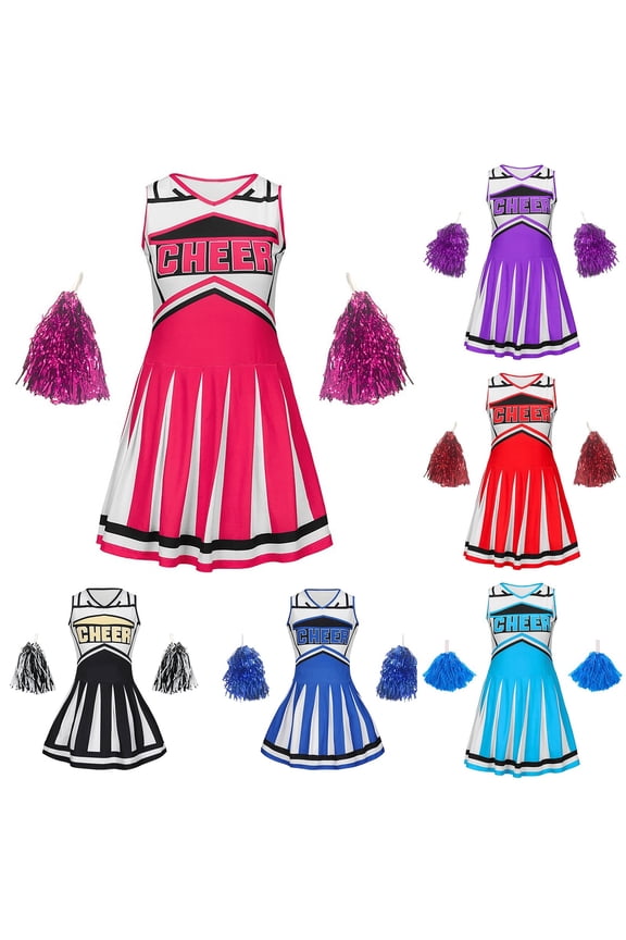 Big Girls Cheerleading Uniform Set Short Sleeve Crop Top and Pleated Skirt Cheer Dance Outfits 5-14 Years Hot Pink