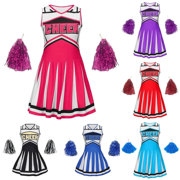Big Girls Cheerleading Uniform Set Short Sleeve Crop Top and Pleated Skirt Cheer Dance Outfits 5-14 Years Hot Pink