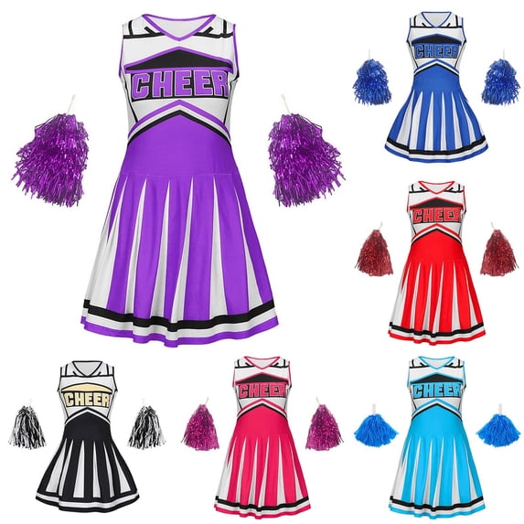 Big Girls Cheerleading Uniform Set Short Sleeve Crop Top and Pleated Skirt Cheer Dance Outfits 5-14 Years Purple