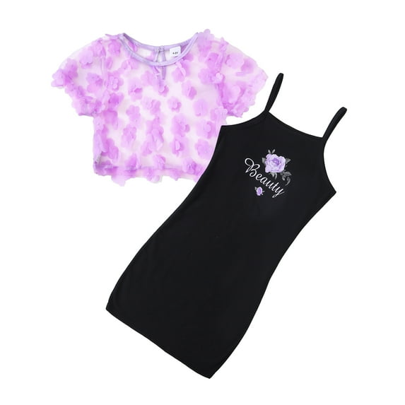 Big Girls Clothes 9T Girls Outfits 10T Girls Short Sleeve Top Suspender Dress 2PCS Summer Clothing Set Purple
