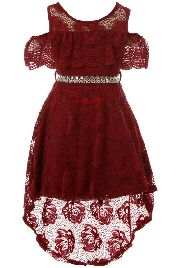 Big Girls Cold Shoulder Floral Lace Hi Lo Birthday Party Holiday Flower Girl Dress Burgundy 12 (2J1K7S6)