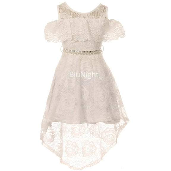 Big Girls Cold Shoulder Floral Lace Hi Lo Party First Communion Flower Girl Dress Off White 10 (2J1K7S6)